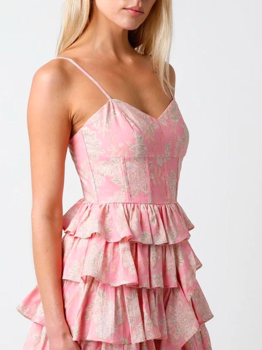 Olivaceous Pink paisley dress with beige floral and leaf motifs, size L